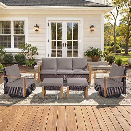 5-Piece Outdoor Patio Furniture Set with Swivel Chairs, All-Weather Wicker Sofa Set for Garden, Yard, Porch and Poolside Seating Grey