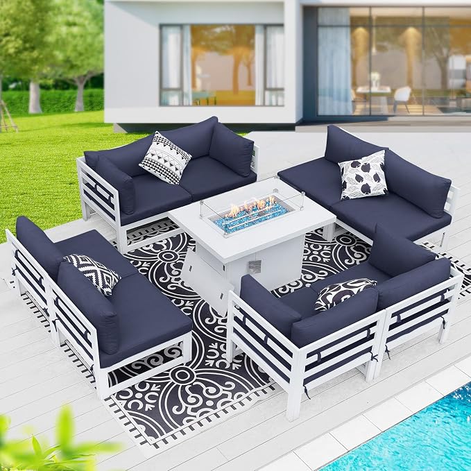 BULEXYARD 9 Piece L Shaped Contemporary Aluminum Outdoor Furniture Set with Firepit, 29" Deep Wide Large Couch Set, 500 lbs High Weight Capacity Modular Patio Sectional Sofa for Exterior, Navy Blue