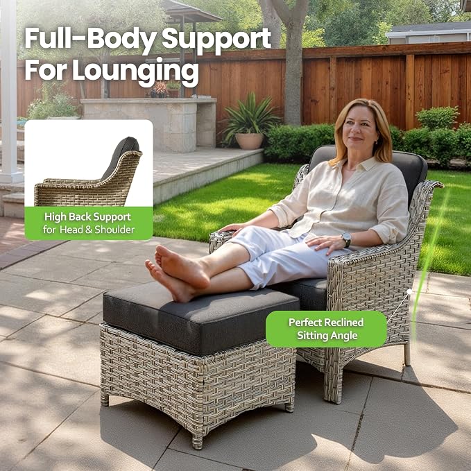 4 Piece Patio Furniture Set with Solar Light Coffee Table, Heavy Duty Wicker High Back Sofa Chairs with Thick Cushion, Small Outdoor Conversation Sets for Backyard Garden Porch, Black
