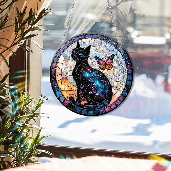 Acrylic Suncatcher Window Hanging, Black Cat Sun Catcher Rainbow Indoor Window Decoration for Living Room Bedroom Summer Home Balcony Ornaments, 7.87 inches