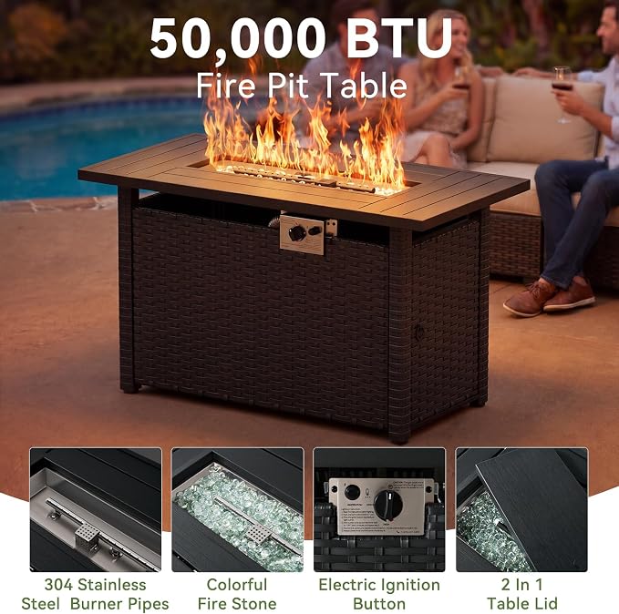 LazySunsets 13 PCS Patio Furniture Set with 44'' Fire Pit Table, Outdoor Sectional All-Weather Wicker Conversation Set with Swivel Rocker Chairs, 4'' Thick Cushions for Backyard Poolside(Cream/Black)