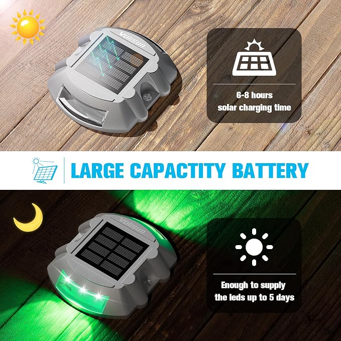 VOLISUN Solar Deck Driveway Dock Lights,Solar Pathway Lights,Green 4 Pack | Solar Powered LED, IP68 Waterproof Led Outdoor Warning Step Marine Lights for Sidewalk Garden Yard