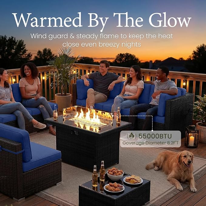 LayinSun 8 Piece Patio Furniture Set with 44" Propane Gas Fire Pit Table, Outdoor Sectional Conversation Set Wicker Rattan Sofa Set with Coffee Table