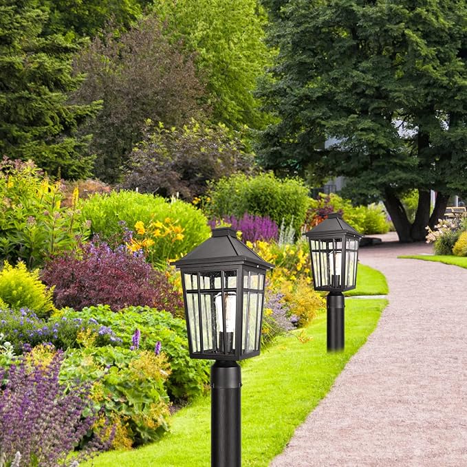 Darkaway Large Outdoor Post Lights Lamp Post Light Fixture, 17inch Waterproof Aluminum Post Lamp with Glass, Fence Deck Lighting for Garden, Patio, Pathway (Large，Black)