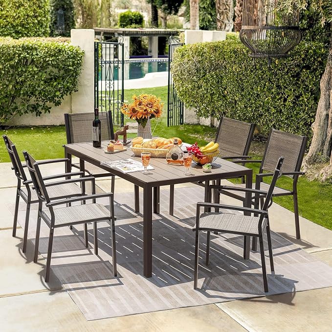 Homall Patio Dining Set 7 Pieces Outdoor Furniture with Large Table and 6 Textilene Chairs for Porch, Poolside, Yard and Garden, Brown