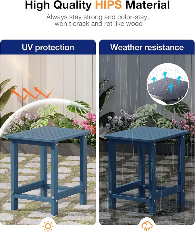 YEFU Outdoor Side Table for Patio: 16" HIPS Weather - Resistant Adirondack Tables Set of 2 - Small Square End Tables for Backyard Pool Porch Balcony - Indoor Outdoor Durable Table Navy Blue
