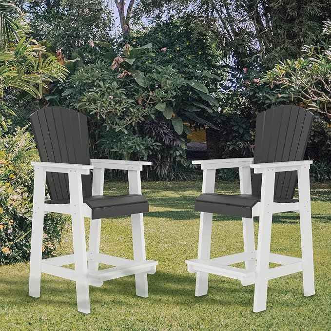 Outdoor Bar Height Chairs, Tall Adirondack Chairs Bar Stools with Arm for Backyard Deck Balcony Front Porch White & Grey