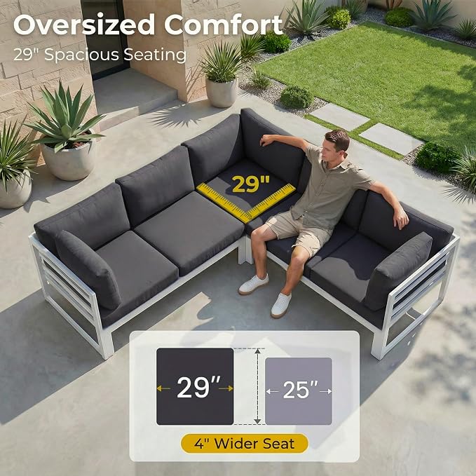 RADIATA 9 Piece Modern Aluminum Patio Furniture Set with Fire Pit Table, 500 lbs Heavy Duty Outdoor Sectional Sofa, 29" Deep Wide Oversized Seating Conversation Couch for Garden Exterior, Dark Gray