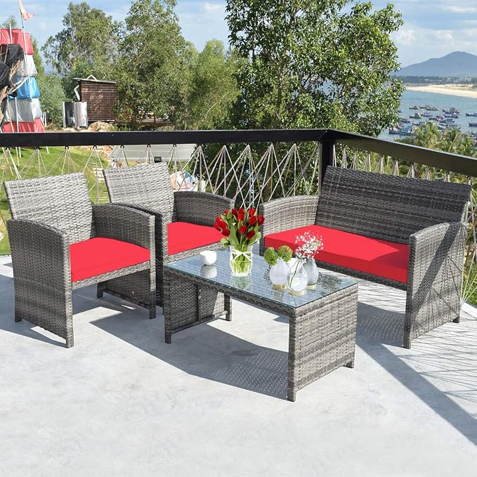 Outdoor Conversation Set, 8 Pieces Wicker Patio Chair Set with Ergonomic Curved Design, Water-Resistant Cushion & Tempered Glass Table for Porch, Poolside (Red)