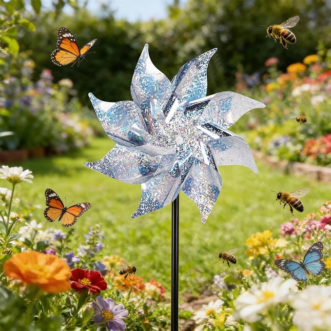 Hausse 12 Pack Reflective Pinwheels with Stakes (Pre-Assembled), Extra Sparkly Pin Wheel for Garden Decor, Bird Repellent Devices Deterrent to Scare Birds Away from Yard Patio Farm, Silver