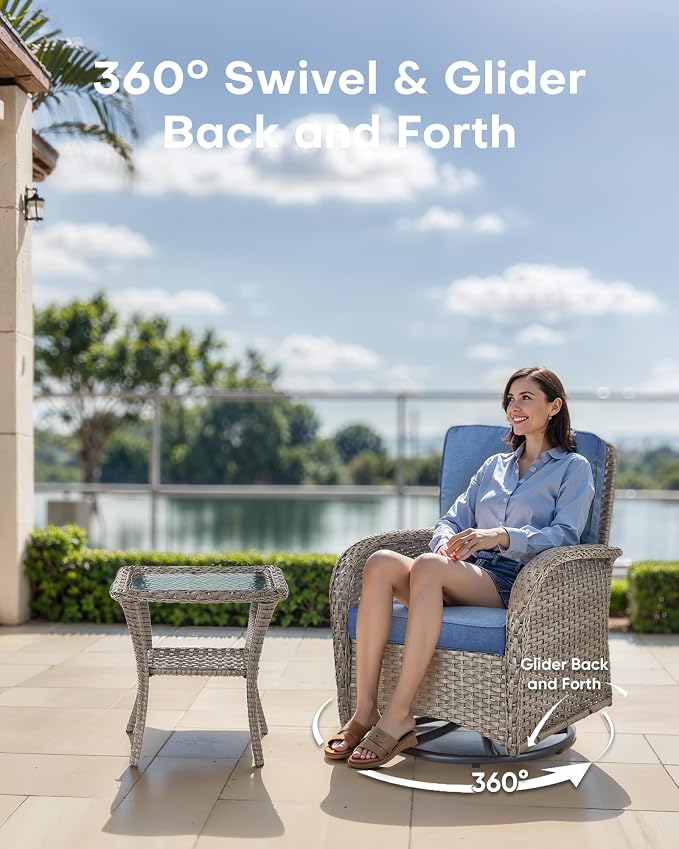 6 Pieces Outdoor Furniture-Patio Swivel Rocker Chairs Set of 2 3-Seater Wicker Couch with Outdoor Ottoman Outdoor Patio Furniture Set for Deck Porch Garden Balcony Poolside-Grey/Blue