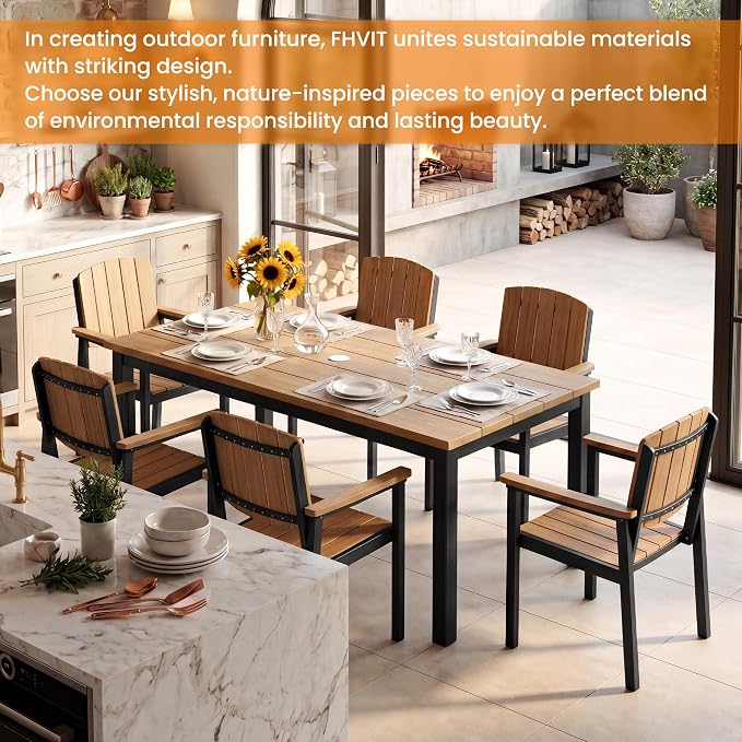 Outdoor Dining Sets Patio Table and Chairs Set 5-Piece, Aluminum Frame HDPS Faux Wood, All Weather Patio Dining Set with Umbrella Hole for Garden Backyard Poolside Nature Wood