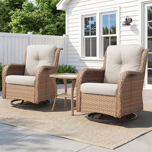 Belord Patio Wicker Chairs Swivel Rocker,Outdoor Patio Furniture Set with Rattan Side Table, All Weather Conversation Set for Porch Poolside Balcony, Yellow Wicker/Beige