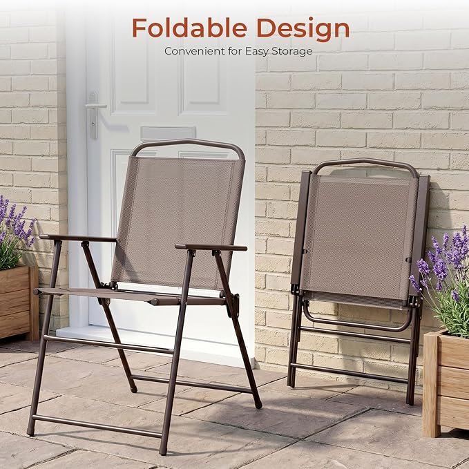 TLSUNNY 6 Pieces Patio Dining Set with 65″ Umbrella, Outdoor Table and Chairs with 31.5″ Round Glass Table, 4 Folding Textilene Chairs, Patio Dining Set W/Steel Frame, for Poolside, Backyard (Brown)