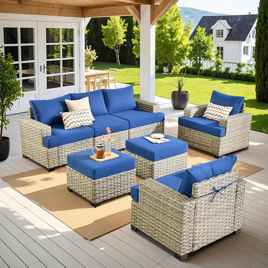 7 Pcs Outdoor Sectional Patio Furniture Set with Ottomans - All Weather Wicker Modular L Shaped Outside Sectional Couch,Patio Seating Outdoor Conversation Sets for Deck Yard Garden,Navy Blue