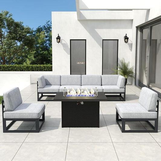 7 Pieces Aluminum Patio Furniture Set with Propane Gas 44" Fire Pit Table, Metal Outdoor Conversation Sofa Set with Seating Cushions