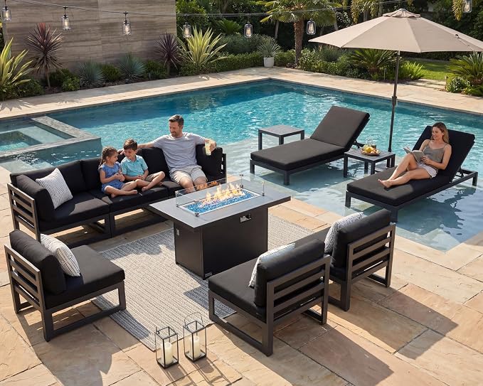 NICESOUL Oversized Modern Aluminum Outdoor Patio Furniture Set with Lounger & Fire Pit Table, 29" Wide Deep Seating, Rust Fade Resistant Sectional Sofa, 500 lbs Heavy Duty Deck Conversation Set, Black