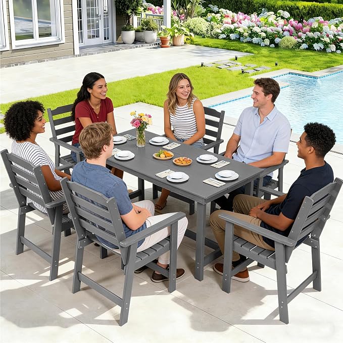 FUNBERRY Outdoor Dining Table, HDPE 6-Person Patio Table with Umbrella Hole | Wood-Grain, HDPE All Weather, No Rot or Rust or Crack, UV Fade Shield, 220LBS Weight Capacity, Easy-Clean for Outside