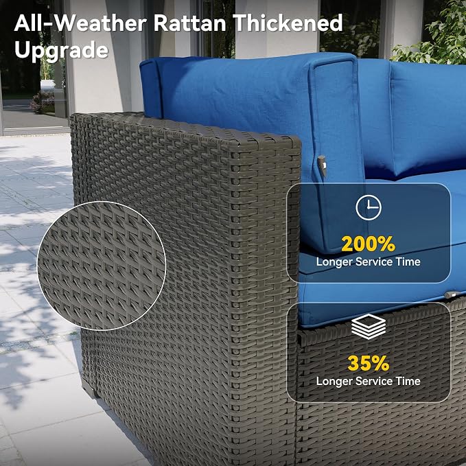 Aoxun Patio Furniture Set with Umbrella, 8 Piece Outdoor Sectional Sofas, Wicker Rattan Outdoor Furniture with Thickened Cushion for Backyard, Garden Navy Blue