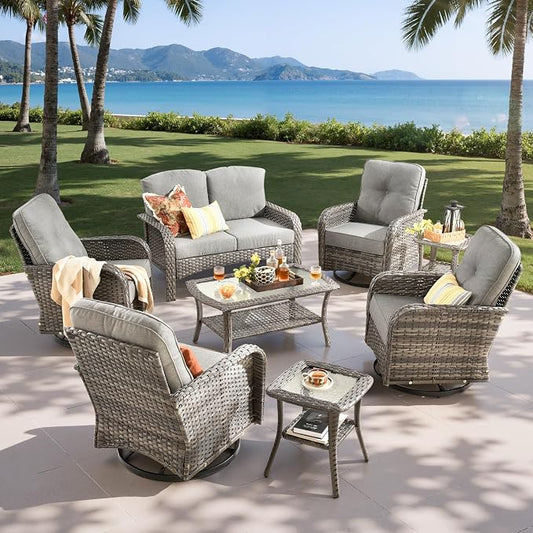 8-Piece Outdoor Patio Furniture Set with Swivel Chairs, Outdoor Conversation Wicker Sofa with Coffee Table, Rattan Couch for Deck Yard Poolside, Dark Grey