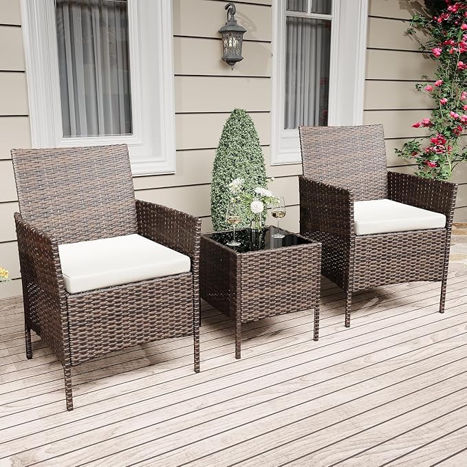 GarveeLife 3 Pieces Patio Furniture Set, Outdoor Furniture Sets with Cushions and Tempered Glass Table for Porch & Garden, Brown Wicker/Beige Cushions