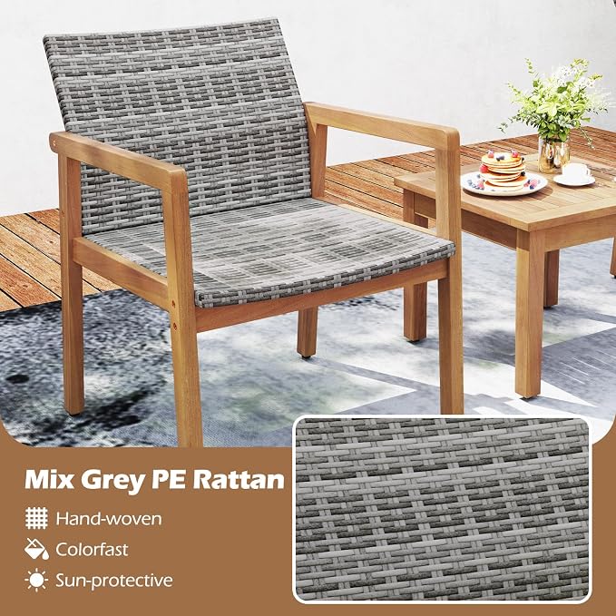 HAPPYGRILL 3 Pieces Patio Furniture Set, PE Rattan Patio Bistro Set with Chairs & Coffee Table, Outdoor Acacia Wood Conversation Set for Garden, Backyard, Poolside & Porch