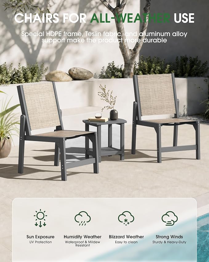 Patio Stackable Chairs Set of 2, HDPE Armless Outdoor Dining Chairs with Wide Seat, All-Weather Textilene Oversized Porch Chair for Garden, Poolside, Backyard, Deck | Grey