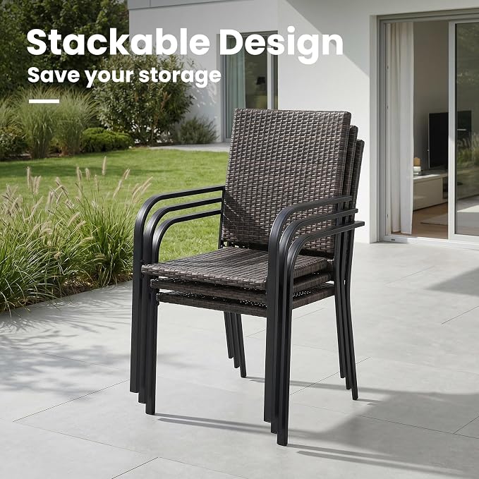 VICLLAX 11 Pieces Outdoor Dining Set, 10 Stakable Wicker Patio Chairs and 63" Patio Round Metal Table with Umbrella Hole for Backyard Lawn Garden, Walnut Tabletop