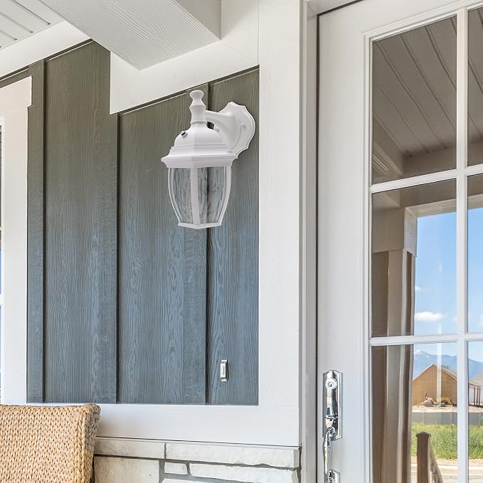 Maxxima LED White Outdoor Wall Light, 580 Lumens 3000K, Dusk to Dawn Sensor | Clear Water Glass, Warm White, Photocell Sensor, Exterior Patio or Porch Sconce Fixture