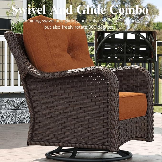 LayinSun 5 Piece Wicker Outdoor Furniture Set with 6-inch Comfy Cushions, High Back Patio Furniture Set with Swivel Rocking Chairs and Fire Pit Table