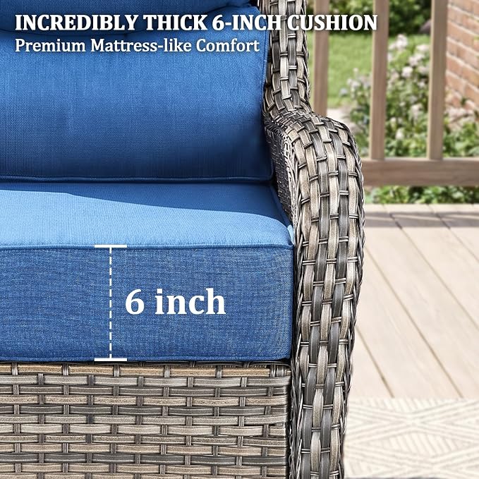 Luxury Swivel Rocker Chairs Sofa Set with 6" Thick Cushion 5 piece Wicker Outdoor Patio Chair with Coffee Table High Back Comfortable Outdoor Patio Furniture Set - Gery | Blue