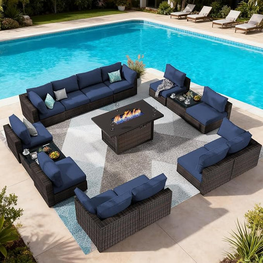 Patio Furniture Set, 15 Pieces Outdoor Sectional Patio Furniture Set with 42" Fire Pit Table, Rattan Wicker Sofa Set for Garden Backyard Deck Poolside, Blue