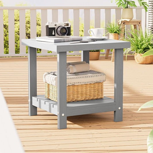 2-Tier HDPE Outdoor Square Side Table, Heavy-Duty Patio Side Table with Storage Shelf, Weather-Resistant Adirondack End Tables for Backyard, Pool, Porch, Garden, Lawn, Silver Grey
