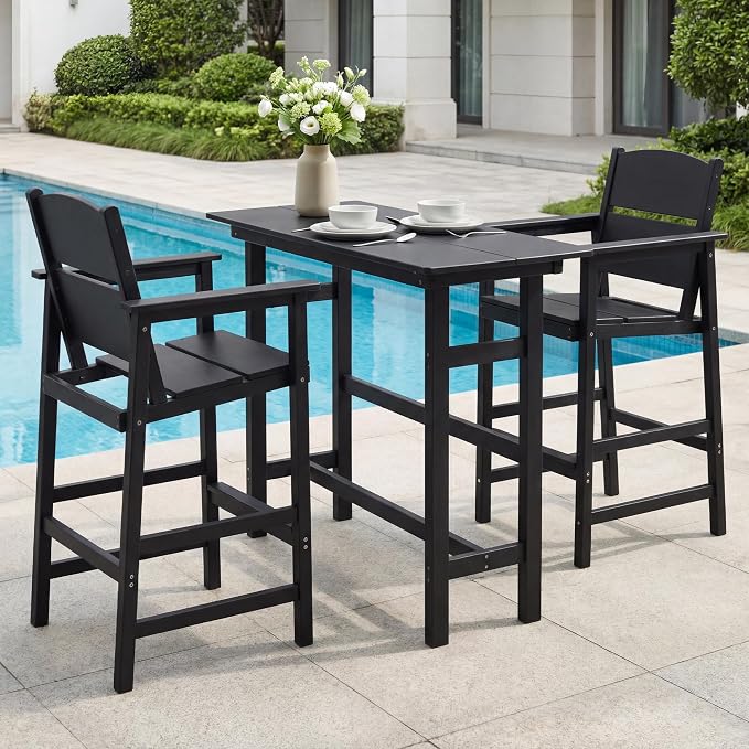 Outdoor Bar Height Table and Chairs Set, 3 Piece HDPE Outdoor High Top Table and Chairs, Reinforced Patio Pub Table with 2 Bar Stools, All Weather Bar Height Patio Set for Deck/Balcony, Black