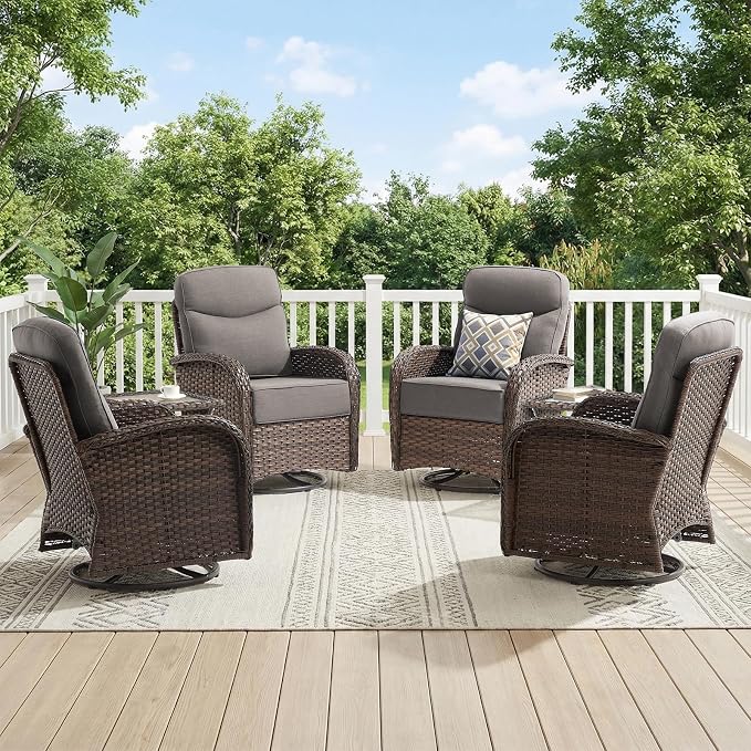 Outdoor Swivel Rocking Chair Patio Set (6PCS), High-Back - Thick Cushion Swivel Rocking Chair Patio Set, All-Weather Wicker Patio Furniture Set, Suitable for Balcony Patios, Brown/Gery