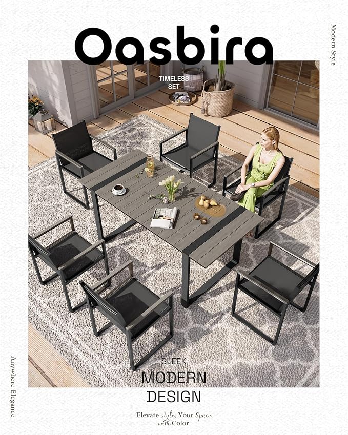 Outdoor Dining Set, Patio Table and Chairs Set, 7 Piece HDPS + Aluminum Patio Furniture Set with Umbrella Hole, Patio Dining Table Set (Gray)