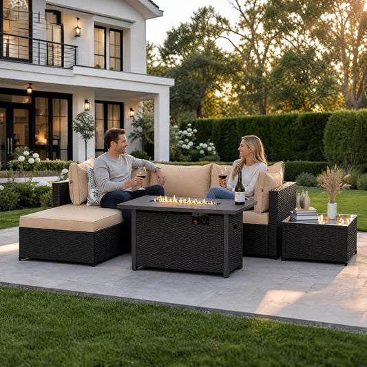 5 Piece Patio Furniture Sets, Outdoor Patio Set Sectional Sofa, All-Weather PE Rattan Couch with Cushion, Glass Table for Gatherings, Parties, Sports Viewing (Khaki, 6-Piece Fire Pit Table Set)