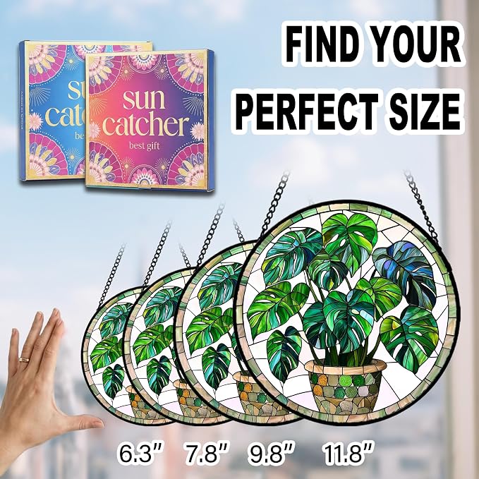 Birthday Gifts for Women - Green Monstera Plant Faux Stained Glass Window Hanging Sun Catcher for Door Garden Acrylic Decor Mother's Day Christmas for Mom Nana Grandma Sisters Wife 6.3"