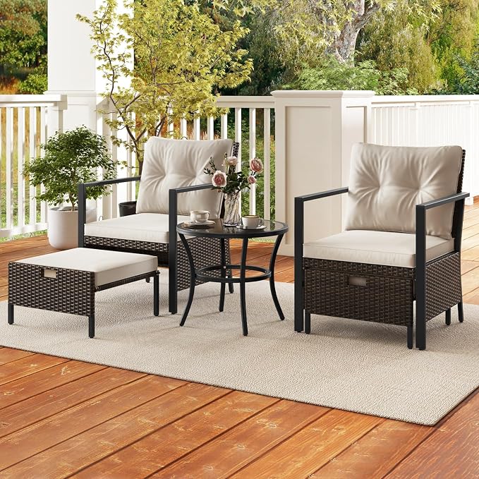Tangkula 5 Piece Outdoor Furniture Set, Rattan Chairs & Ottomans w/Round Glass Topped Coffee Table, Space Saving Cushioned Patio Conversation Set for Backyard, Poolside (Off White)