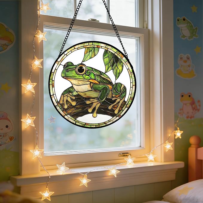 DASTOLL Stained Glass Window Hanging, Frog Green Leaf Sun Catchers Colorful Glass Panel Cool Suncatcher Decor for Birthday for Women, Men, Wife, Aunt, and Mom 11.8x11.8 in