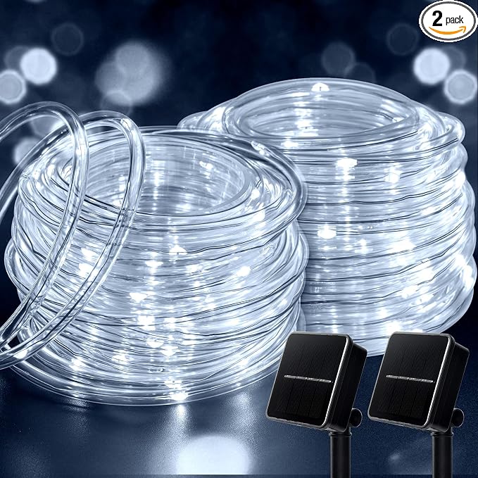 Brightown 2 Pack Total 78FT 200LED Solar Rope Lights, Pure White | IP65 Waterproof Solar Fairy Lights with 8 Lighting Modes, Outdoor String Lights for Party Garden Yard Holiday Tree Decoration
