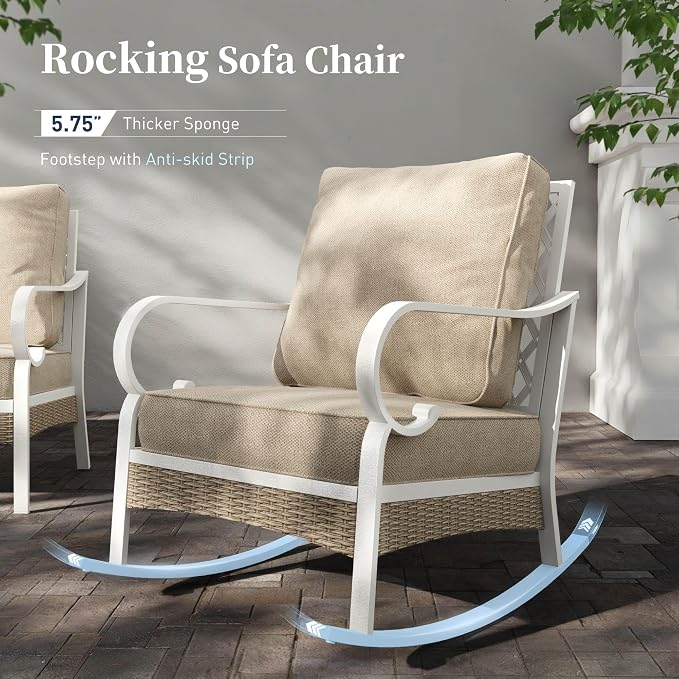 SUNSHINE VALLEY 6 PCS Metal Outdoor Patio Furniture Set, Patio Conversation Set 1 3-Seater Couch, 2 Fixed Sofa, 2 Rocking Sofa with 5.75" Thick Cushion and Coffee Table White Backyard Furniture, Beige