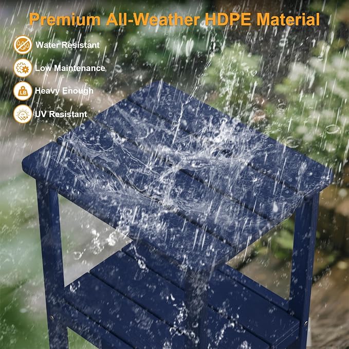 Outdoor Side Table, Small Square Patio Side Table with Adjustable Feet, All-Weather HDPE Adirondack End Tables for Porch Deck Balcony Pool, 2-Tier Storage, Easy Maintenance, Navy Blue