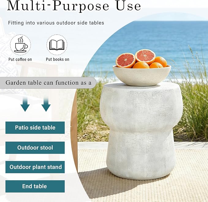 Outdoor Side Table Round Patio Concrete End Table Faux Stone Side Tables Travertine Small Coffee Tables for Outdoor, Garden Stool Plant Stand for Porch Backyard, 14.37" Mushroom Cement