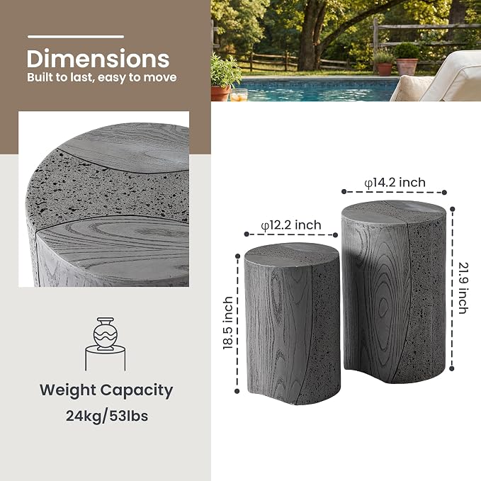 HOMPUS Outdoor Side Table Set of 2, Concrete Nesting Table Round w Spotted & Faux Wooden Modern MgO End Table, Lightweight Functional Patio Accent Table for Garden, Deck, Poolside, Grey