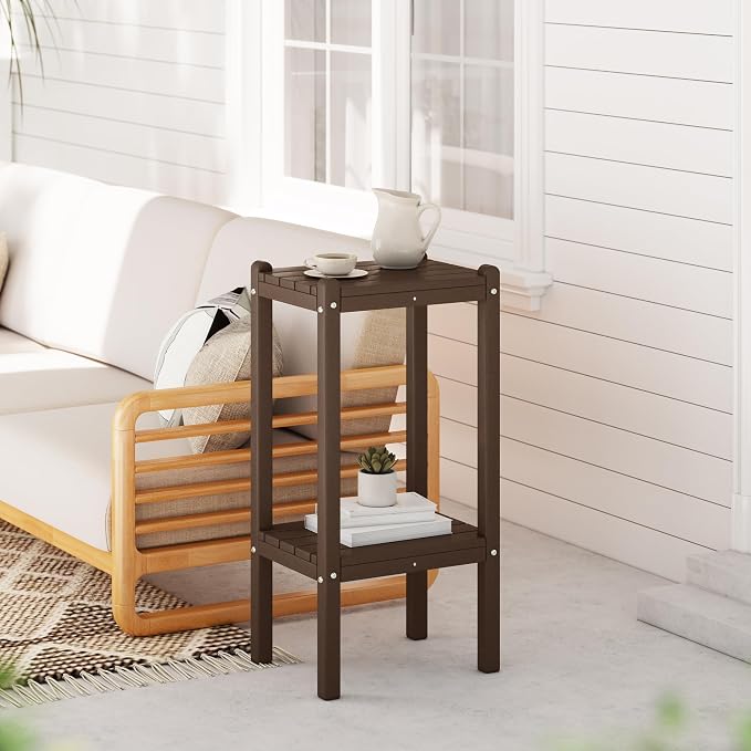 Costaelm Outdoor Side Table, 2-Tier Small Patio Coffee Tables for Outside, Outdoor End Tables for Patio, Adirondack Side Table for Outside, Outside Table for Pool, Porch, Garden, Dark Brown