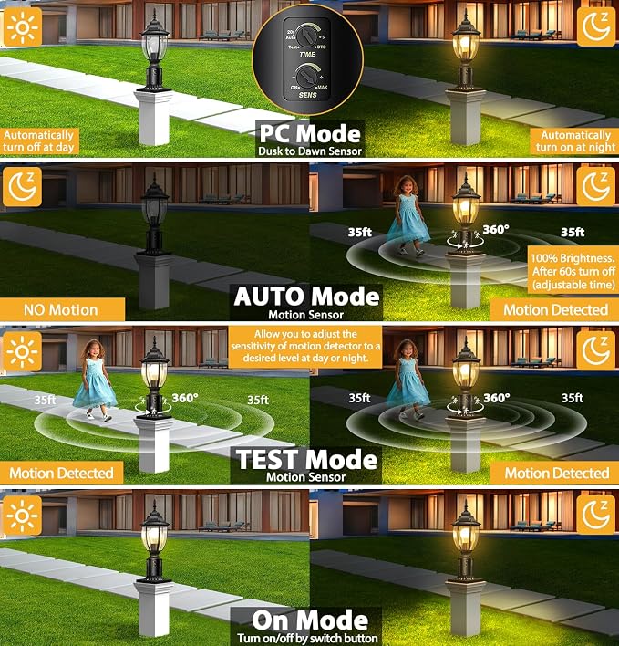 Lamomo 2 Pack Motion Sensor Outdoor Post Lights, Dusk to Dawn Lamp Post Light Fixture, Waterproof Aluminum Lamp Posts Outdoor Lighting Pole Lantern for Yard Patio Pathway Garden