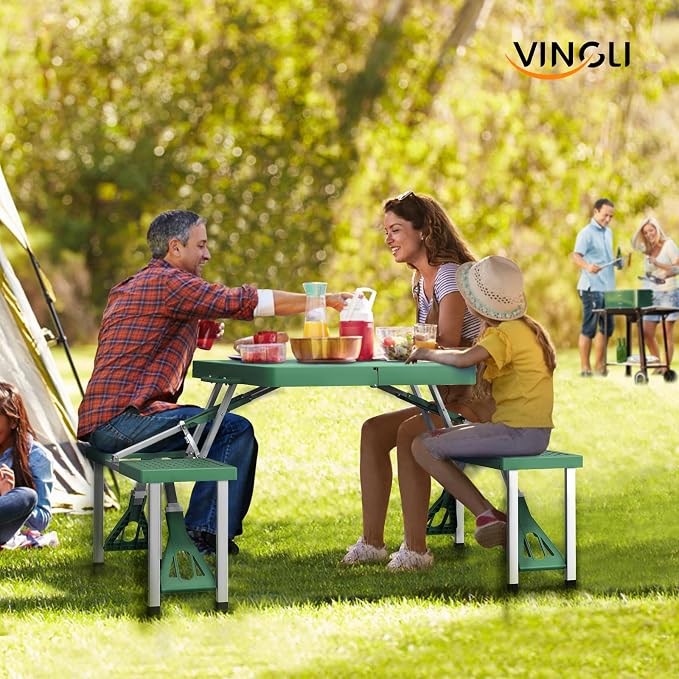 VINGLI 4 Ft Portable Folding Picnic Table Camping Table Foldable Set with 4 Seats with Umbrella Hole Suitcase Card Table-220 Lbs Support Aluminum Frame, Plastic RV Tabletop for Yard, Travel