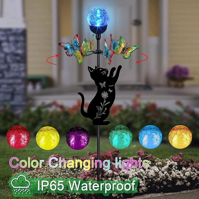 Solar Lights Yard Stake-Butterfly Wind Spinner,Metal Black Cat Garden Decor | Color Changing LED for Patio,Pathway,Lawn,Walkway,Outdoor Decorative