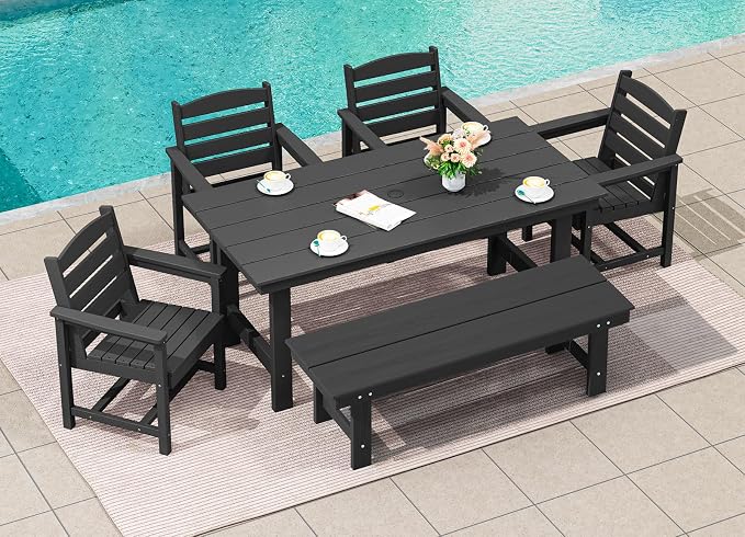 SERWALL 6 Pcs HDPE Dining Set, Includes 1 Table, 1 Bench & 4 Chairs, Black | Outdoor Dining Set with Bench, All-Weather Resistant SERWALL Dining Set for patio